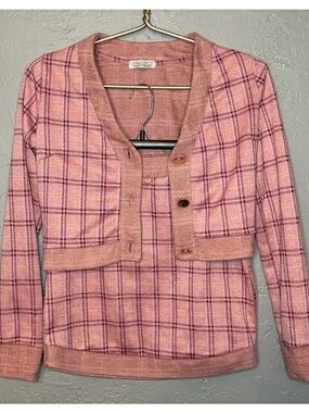 Classic Pink Plaid Cropped Cardigan & Tank Sweater Set